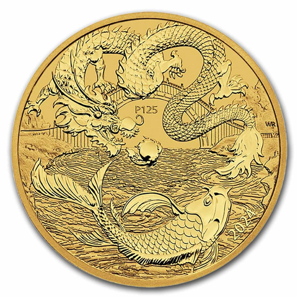 Gold Chinese Myths and Legends Dragon Koi Coin 2024 - 1oz